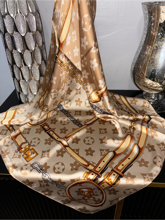 None Accessories - ✨ Chic Monogram Print Silk Square Scarf - Beige & Gold ✨